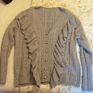 Plus size 2X women’s ruffled crocheted sweater. Gray